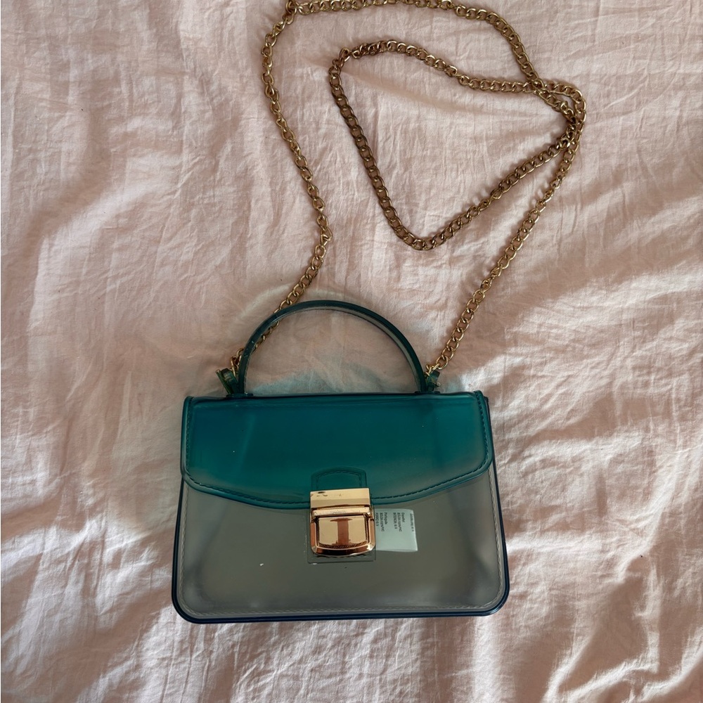 Transparent Blue Handbag with Gold Chain